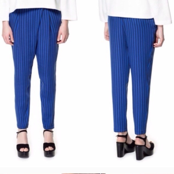 Zara | Pants & Jumpsuits | Zara Blue Stripe Cross Over Trouser Pants Pockets | Poshmark